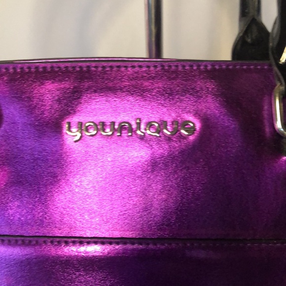 YOUNIQUE shiny purple metallic cosmetic make up representative tote bag. - Picture 2 of 11